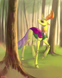 Size: 1680x2100 | Tagged: safe, artist:inarimayer, derpibooru import, thorax, changedling, changeling, forest, king thorax, looking back, male, outdoors, solo, tree