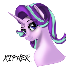 Size: 1174x1104 | Tagged: safe, artist:xipher, derpibooru import, starlight glimmer, pony, unicorn, arist:xipher, bust, canon, female, horn, looking at you, portrait, simple background, smiling, smug, solo, transparent background