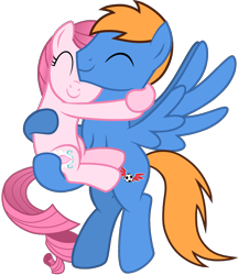 Size: 1610x1863 | Tagged: safe, artist:guruyunus17, derpibooru import, oc, oc:annisa trihapsari, oc:rozyfly, earth pony, pegasus, pony, base used, earth pony oc, eyes closed, female, flying, happy, hug, male, mare, medibang paint, pegasus oc, shipping, simple background, smiling, stallion, transparent background