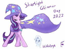 Size: 1200x900 | Tagged: safe, artist:hiddelgreyk, derpibooru import, starlight glimmer, trixie, pony, unicorn, accessory swap, cape, clothes, dynamic pose, hat, signature, simple background, standing, starlight glimmer day, text, the great and powerful, trixie's cape, trixie's hat, white background
