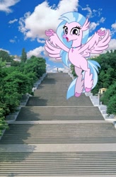 Size: 720x1095 | Tagged: safe, derpibooru import, silverstream, hippogriff, pony, female, happy, irl, odessa, photo, ponies in real life, potemkin stairs, stairs, that hippogriff sure does love stairs, ukraine