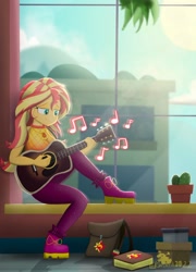 Size: 2048x2849 | Tagged: safe, alternate version, artist:lordshrekzilla20, derpibooru import, sunset shimmer, fanfic:the one true king, equestria girls, breasts, cleavage, clothes, female, guitar, high res, jewelry, music notes, musical instrument, necklace, playing instrument, relaxing, smiling, sunny, sunset jiggler, window