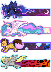 Size: 1414x2000 | Tagged: safe, artist:willow-san, artist:willowsan, derpibooru import, derpy hooves, ditzy doo, doctor whooves, princess celestia, princess luna, alicorn, earth pony, pegasus, pony, bookmark, derp, doctor who, female, male, mare, simple background, speed trail, stallion, tardis, transparent background