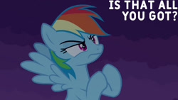 Size: 1280x720 | Tagged: safe, derpibooru import, edit, edited screencap, editor:quoterific, screencap, rainbow dash, pegasus, pony, castle mane-ia, season 4, female, flying, mare, night, solo, spread wings, text, wings