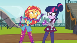 Size: 3410x1920 | Tagged: safe, derpibooru import, screencap, sci-twi, sunset shimmer, twilight sparkle, equestria girls, friendship games, angry, duo, duo female, female, glasses, high res, lip bite, magic capture device, pointing, shrunken pupils