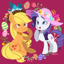 Size: 1277x1277 | Tagged: safe, artist:efuji_d, derpibooru import, applejack, rarity, bird, earth pony, pony, unicorn, blushing, duo, easter egg, female, flower, hat, looking up, mare, nest, red background, simple background, sitting