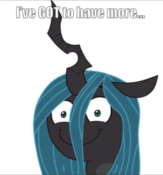 Size: 897x960 | Tagged: safe, artist:denchik, edit, editor:undeadponysoldier, queen chrysalis, changeling, changeling queen, :), adoracreepy, animated, cute, cutealis, female, gif, happy, looking at you, meme, meme face, reference, shrunken pupils, simple background, smiling, smirk, solo, staring into your soul, text, tom and jerry, tom and jerry the movie, we've got to have money, white background
