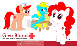 Size: 1151x694 | Tagged: safe, artist:shafiqhafizi70, derpibooru import, nurse redheart, pinkie pie, oc, oc only, oc:indonisty, earth pony, pony, cookie, eating, food, indonesia, injection, nation ponies, photo, ponified, poster, simple background, white background