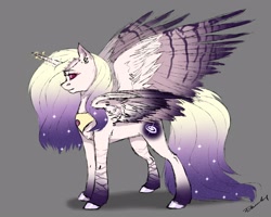 Size: 2560x2048 | Tagged: safe, artist:inarimayer, derpibooru import, oc, oc only, alicorn, pony, alicorn oc, ear piercing, earring, ethereal mane, female, gray background, horn, jewelry, mare, peytral, piercing, signature, simple background, solo, starry mane, wings