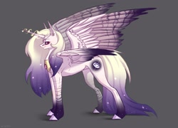 Size: 2500x1800 | Tagged: safe, artist:inarimayer, derpibooru import, oc, oc only, alicorn, pony, alicorn oc, ear piercing, earring, ethereal mane, female, gray background, horn, jewelry, mare, peytral, piercing, signature, simple background, solo, starry mane, wings