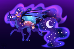 Size: 3000x2000 | Tagged: safe, artist:glitterstar2000, derpibooru import, princess luna, alicorn, pony, alternate design, bat wings, chest fluff, curved horn, ethereal mane, female, glowing, glowing eyes, gradient background, hoof fluff, horn, long feather, mare, solo, starry mane, wings