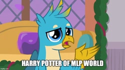 Size: 888x499 | Tagged: safe, derpibooru import, edit, edited screencap, screencap, gallus, griffon, the hearth's warming club, harry potter, male, raised claw, solo