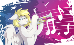 Size: 2460x1488 | Tagged: safe, artist:strafe blitz, derpibooru import, oc, oc only, oc:ludwig von leeb, pegasus, pony, glasses, male, music notes, musical instrument, solo, stallion, trumpet