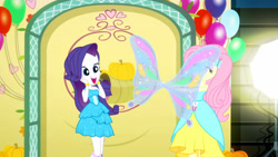 Size: 3410x1920 | Tagged: safe, derpibooru import, screencap, fluttershy, rarity, a photo booth story, eqg summertime shorts, equestria girls, balloon, bare shoulders, boots, bracelet, butterfly wings, duo, duo female, eyes closed, fall formal outfits, female, hairpin, high res, jewelry, open mouth, open smile, shoes, sleeveless, smiling, strapless, wings