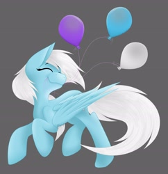 Size: 2836x2928 | Tagged: safe, artist:feather_bloom, derpibooru import, oc, oc only, oc:feather_bloom, pegasus, pony, balloon, birthday, excited, eyes closed, gray background, mouth hold, running, shading, simple background, solo, wholesome