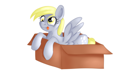 Size: 1920x1080 | Tagged: safe, artist:jbond, derpibooru import, derpy hooves, pegasus, pony, box, chest fluff, cute, female, mare, pony in a box, simple background, solo, tongue, tongue out, white background