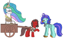 Size: 2836x1739 | Tagged: safe, artist:supahdonarudo, derpibooru import, princess celestia, oc, oc:ironyoshi, oc:sea lilly, alicorn, classical hippogriff, hippogriff, unicorn, ..., camera, cart, clothes, jewelry, necklace, raised hoof, raised leg, reference, shirt, simple background, spongebob reference, spongebob squarepants, surprised, this will end in a trip to the moon, tied up, transparent background