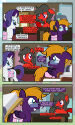 Size: 1920x3169 | Tagged: safe, artist:alexdti, derpibooru import, rarity, oc, oc:crimson swift, oc:purple creativity, pegasus, pony, unicorn, comic:quest for friendship, :o, bag, comic, dialogue, ears, female, floppy ears, folded wings, glasses, grin, high res, horn, indoors, lidded eyes, looking at each other, looking at someone, looking back, male, mare, open mouth, open smile, partially open wings, pegasus oc, ponytail, saddle bag, smiling, speech bubble, stallion, tail, underhoof, wings