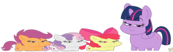 Size: 3650x1100 | Tagged: safe, artist:wispy tuft, derpibooru import, apple bloom, scootaloo, sweetie belle, twilight sparkle, twilight sparkle (alicorn), alicorn, pegasus, pony, unicorn, cute, cutie mark, cutie mark crusaders, foal, short, simple background, squatpony, stout, transparent background, twiggie, up to no good