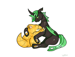 Size: 2160x1620 | Tagged: safe, artist:v-nuz, derpibooru import, changeling, commission, commissioner:8r0ny, cuddling, cute, green changeling, pokémon, sandshrew, simple background, transparent background