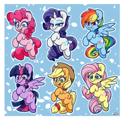 Size: 2500x2420 | Tagged: safe, artist:lou, derpibooru import, applejack, fluttershy, pinkie pie, rainbow dash, rarity, twilight sparkle, twilight sparkle (alicorn), alicorn, blue background, chibi, lidded eyes, mane six, open mouth, simple background, smiling, tongue, tongue out