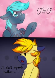 Size: 905x1280 | Tagged: safe, artist:melodis, derpibooru import, oc, oc only, oc:guttatus, oc:yaktan, bat pony, earth pony, meme, owo, simple background, text