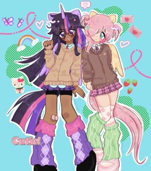 Size: 1080x1222 | Tagged: safe, artist:puddin.pawz, derpibooru import, fluttershy, twilight sparkle, twilight sparkle (alicorn), alicorn, human, alicorn humanization, bandaid, blushing, cardigan, clothes, cute, dark skin, detailed background, duo, duo female, female, full body, glasses, hair over one eye, hairclip, horn, horned humanization, humanized, leg warmers, painted nails, pleated skirt, shoes, skirt, sweater vest, tail, tailed humanization, winged humanization, wings