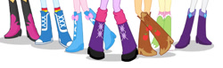 Size: 527x163 | Tagged: safe, derpibooru import, applejack, fluttershy, pinkie pie, rainbow dash, rarity, sunset shimmer, twilight sparkle, equestria girls, boots, group, humane five, humane seven, humane six, legs, pictures of legs, shoes, simple background, solo, white background