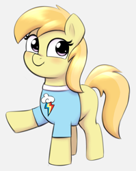 Size: 1431x1797 | Tagged: safe, artist:heretichesh, derpibooru import, noi, earth pony, pony, clothes, colored, female, filly, foal, looking at you, raised hoof, raised leg, shirt, simple background, solo, solo female