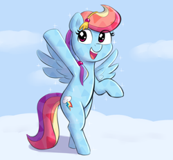 Size: 1914x1761 | Tagged: safe, artist:heretichesh, derpibooru import, rainbow dash, crystal pony, pegasus, pony, bipedal, cloud, colored, looking at you, on a cloud, simple background, smiling, solo, spread wings, standing on a cloud, waving at you, wings