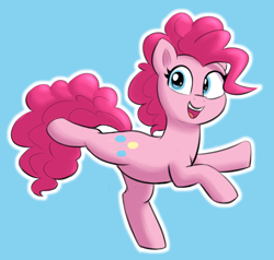 Size: 2091x1989 | Tagged: safe, artist:heretichesh, derpibooru import, pinkie pie, earth pony, pony, balancing, blue background, colored, looking at you, raised hoof, raised leg, simple background, smiling, solo