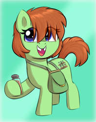 Size: 1496x1900 | Tagged: safe, artist:heretichesh, derpibooru import, oc, oc only, oc:spice rack, earth pony, pony, bag, colored, cute, eye clipping through hair, female, filly, foal, hoof hold, looking at you, ocbetes, pouch, simple background, solo, spice (food), tooth gap