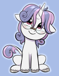 Size: 1572x2000 | Tagged: safe, artist:heretichesh, derpibooru import, sweetie belle, oc, oc only, oc:yodi belle, classical unicorn, pony, unicorn, blue background, cloven hooves, colored, ears, floppy ears, foal, fusion, glasses, horn, leonine tail, looking at you, simple background, sitting, smiling, solo, unicorn oc, unshorn fetlocks