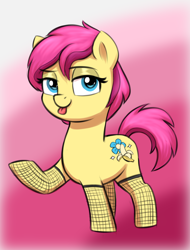 Size: 1206x1586 | Tagged: safe, artist:heretichesh, derpibooru import, oc, oc:banana split, pony, colored, female, filly, fishnet stockings, foal, looking at you, makeup, raised hoof, raised leg, simple background, solo, tongue, tongue out