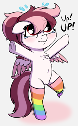 Size: 1770x2862 | Tagged: safe, artist:heretichesh, derpibooru import, oc, oc only, oc:toricelli, pegasus, pony, amputee, bipedal, blushing, chest fluff, clothes, colored, crying, female, filly, foal, looking up, pubic fluff, rainbow socks, scrunchy face, simple background, socks, solo, standing, standing on one leg, striped socks, sweat, teary eyes, upsies