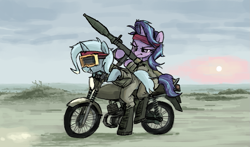 Size: 1087x639 | Tagged: safe, artist:plunger, ponerpics import, starlight glimmer, trixie, pony, unicorn, bandana, clothes, duo, eyebrows, female, goggles, grin, hoof hold, horn, mare, messy mane, motorcycle, rpg-7, sitting, smiling, sun, teeth, weapon