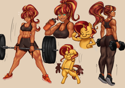 Size: 1754x1240 | Tagged: safe, artist:nire, derpibooru import, sunset shimmer, human, pony, unicorn, abs, adonis belt, alternate hairstyle, back muscles, belly button, biceps, breasts, bunset shimmer, butt, cleavage, clothes, dripping, exercise, female, hairband, hamstrings, human ponidox, leggings, legs, lips, looking at you, looking back, looking back at you, midriff, muscles, muscular female, no pupils, pants, plushie, ponytail, quadriceps, rear view, self paradox, self ponidox, sexy, shoes, shorts, simple background, smiling, smiling at you, sports bra, sports shorts, stupid sexy sunset shimmer, sunset jiggler, sunset lifter, sweat, teddy bear, thighs, tight clothing, training, weight lifting, yoga pants