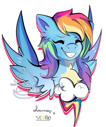 Size: 2800x3354 | Tagged: safe, artist:starki-galactic, derpibooru import, rainbow dash, pegasus, pony, bust, chest fluff, cute, cutie mark, dashabetes, eyes closed, female, grin, high res, mare, simple background, smiling, solo, spread wings, watermark, white background, wings
