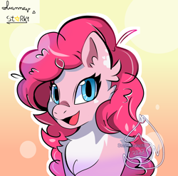 Size: 2800x2771 | Tagged: safe, artist:starki-galactic, derpibooru import, pinkie pie, earth pony, pony, bust, chest fluff, female, high res, looking at you, mare, open mouth, open smile, smiling, solo, watermark
