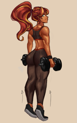 Size: 597x948 | Tagged: safe, artist:nire, derpibooru import, dumbbell, sunset shimmer, equestria girls, breasts, bunset shimmer, butt, clothes, exercise, female, hairband, leggings, looking at you, looking back, looking back at you, muscles, muscular female, no pupils, pants, shoes, smiling, smiling at you, sports bra, sports shoes, sunset jiggler, sunset lifter, training, weight lifting, wristband, yoga pants