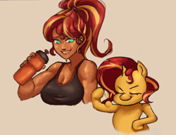 Size: 1181x906 | Tagged: safe, artist:nire, derpibooru import, sunset shimmer, unicorn, equestria girls, alternate hairstyle, biceps, bottle, breasts, cleavage, clothes, dripping, eyes closed, female, flexing, flexing muscles, hairband, lips, muscles, muscular female, no pupils, ponytail, self paradox, self ponidox, smiling, smirk, sports bra, sunset jiggler, sunset lifter, sweat, water bottle