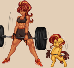 Size: 1042x959 | Tagged: safe, artist:nire, derpibooru import, sunset shimmer, unicorn, equestria girls, abs, alternate hairstyle, barbell, breasts, cleavage, clothes, curvy, dripping, exercise, eyes closed, female, hairband, midriff, muscles, muscular female, plushie, ponytail, self paradox, self ponidox, shorts, sports bra, sports shoes, sports shorts, sunset jiggler, sunset lifter, sweat, teddy bear, thighs, thunder thighs, training, weight lifting, wristband
