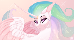 Size: 3840x2060 | Tagged: safe, artist:elektra-gertly, derpibooru import, princess celestia, alicorn, pony, curved horn, female, frown, gradient background, high res, horn, horn ring, mare, ring, solo, spread wings, wings