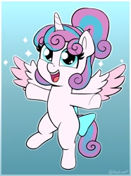 Size: 1404x1886 | Tagged: safe, artist:heretichesh, derpibooru import, princess flurry heart, alicorn, pony, bow, cute, eye clipping through hair, female, filly, filly flurry heart, flurrybetes, foal, gradient background, looking at you, older, older flurry heart, open mouth, open smile, outstretched arms, smiling, smiling at you, solo, sparkles, spread wings, tail, tail bow, wings