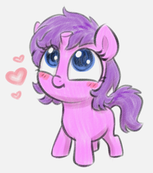 Size: 1014x1142 | Tagged: safe, artist:heretichesh, derpibooru import, oc, oc:stir crazy, pony, unicorn, blushing, broken horn, colored, female, filfil, filly, floating heart, foal, heart, horn, looking up, simple background, smiling, solo