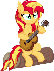 Size: 5786x7604 | Tagged: safe, artist:cyanlightning, derpibooru import, sunset shimmer, pony, unicorn, .svg available, absurd resolution, acoustic guitar, chest fluff, ear fluff, ears, female, guitar, log, looking up, mare, musical instrument, simple background, solo, transparent background, vector