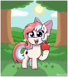 Size: 1728x1944 | Tagged: safe, artist:heretichesh, derpibooru import, oc, oc only, oc:fizzie, earth pony, pony, apple, bow, cute, eye clipping through hair, eyebrows, eyebrows visible through hair, female, filly, foal, food, hair bow, looking at you, ocbetes, open mouth, open smile, signature, smiling, smiling at you, solo, sparkles