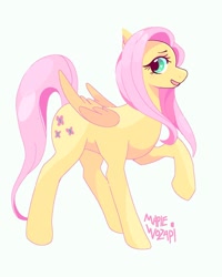 Size: 1080x1350 | Tagged: safe, artist:maplewozapi, derpibooru import, fluttershy, pegasus, pony, heart eyes, looking at you, profile, raised hoof, raised leg, simple background, smiling, solo, white background, wingding eyes