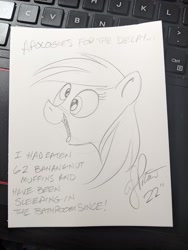Size: 1536x2048 | Tagged: safe, artist:andypriceart, derpibooru import, derpy hooves, pegasus, pony, bust, constipation, cross-eyed, female, mare, monochrome, open mouth, pencil drawing, sketch, smiling, text, traditional art