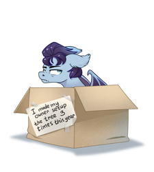 Size: 1500x1668 | Tagged: safe, artist:28gooddays, derpibooru import, oc, oc only, oc:wax n' wane, bat pony, pony, 2021, bat pony oc, behaving like a cat, box, ears, floppy ears, grumpy, looking at you, male, pony in a box, pony shaming, simple background, solo, stallion, white background